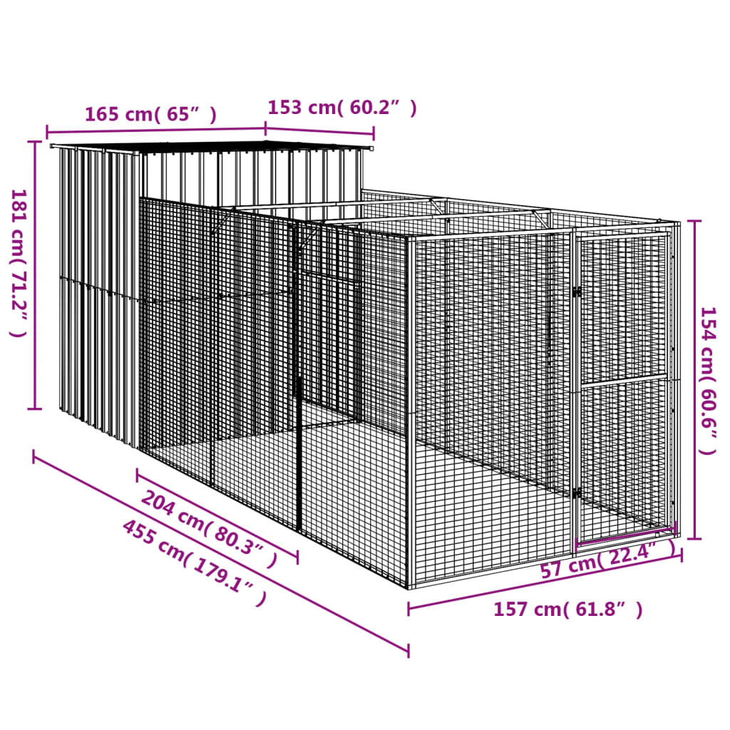 Cușcă câine cu țarc antracit 165x455x181 cm oțel galvanizat