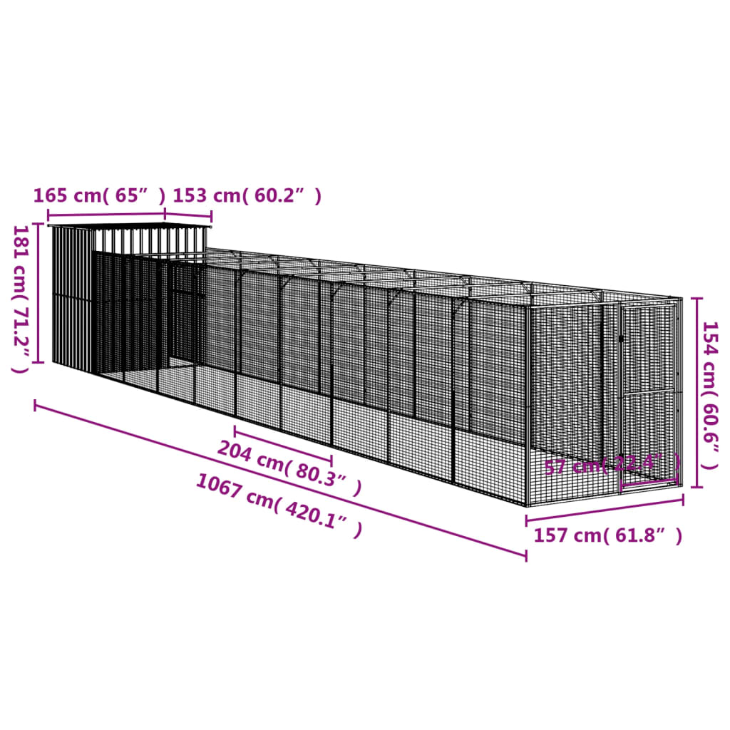 Cușcă câine cu țarc antracit 165x1067x181 cm oțel galvanizat