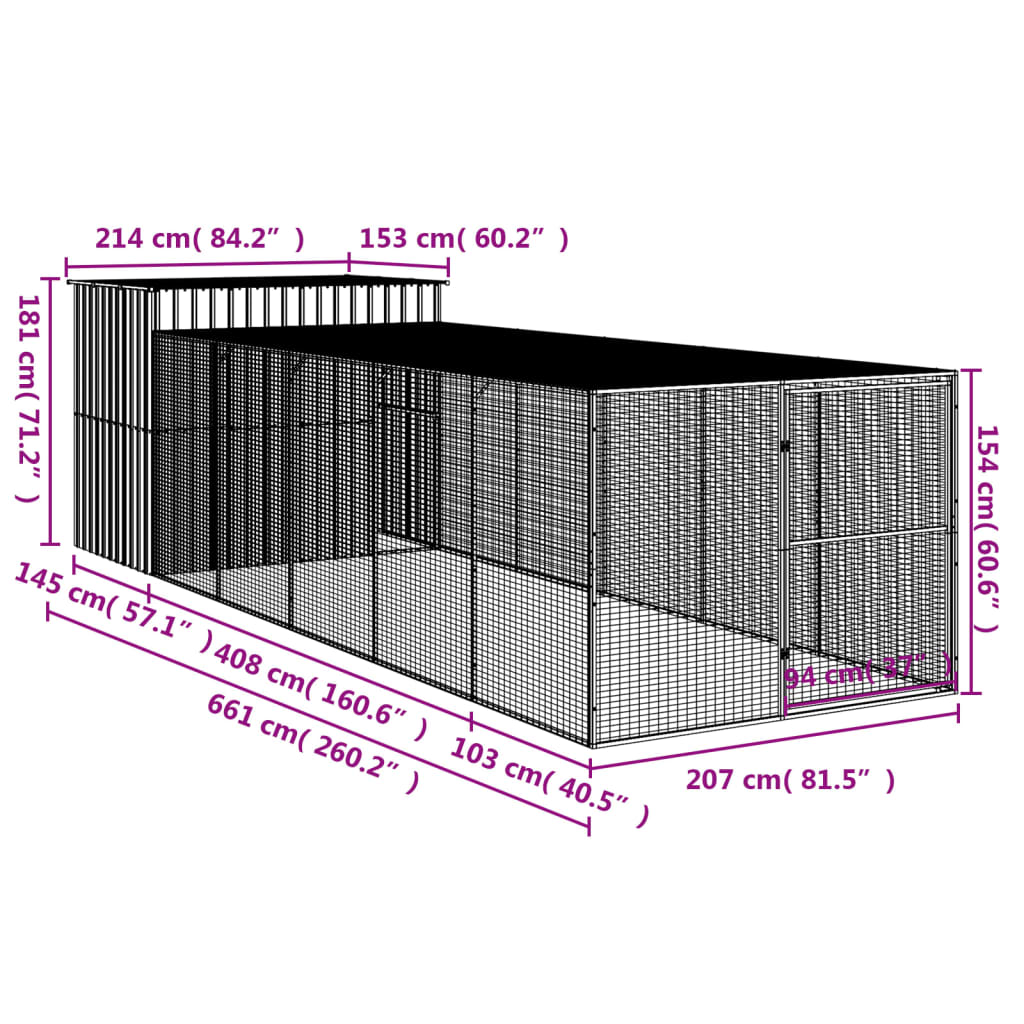 Cușcă de câine cu țarc antracit 214x661x181 cm oțel galvanizat