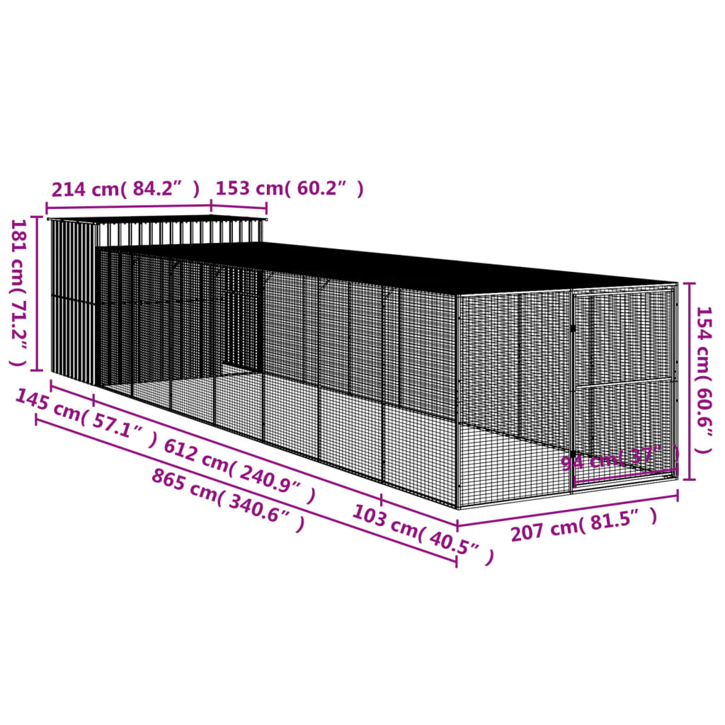 Cușcă de câine cu țarc antracit 214x865x181 cm oțel galvanizat