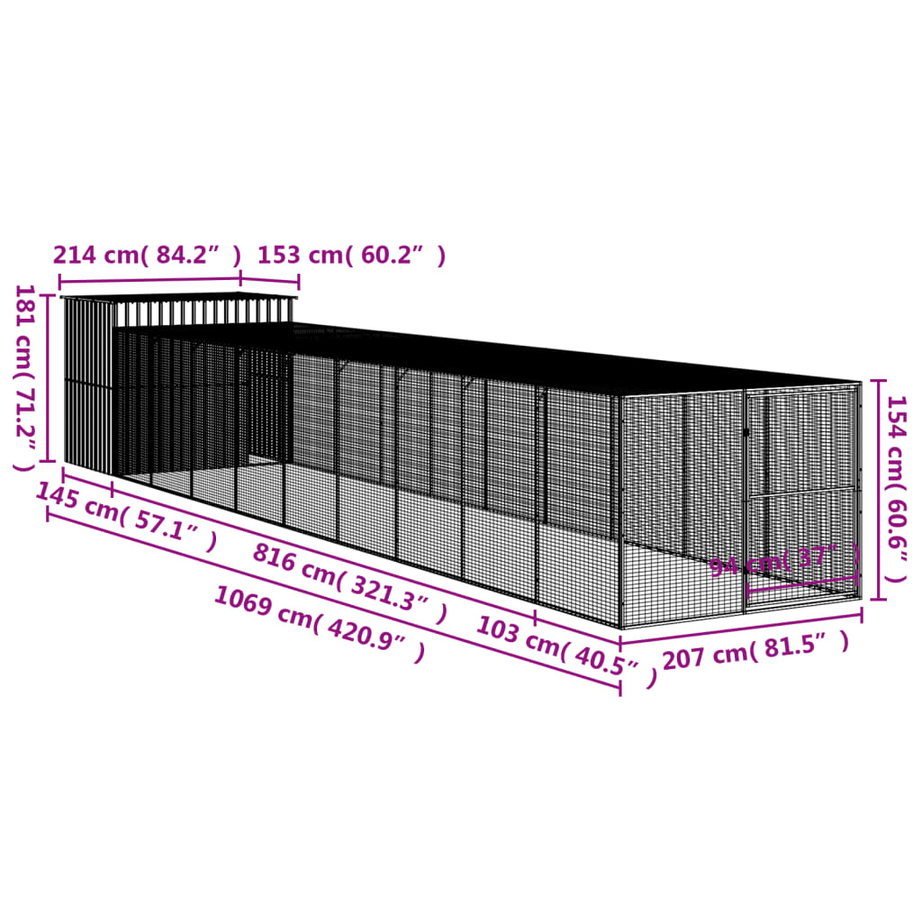 Cușcă de câine cu țarc antracit 214x1069x181 cm oțel galvanizat