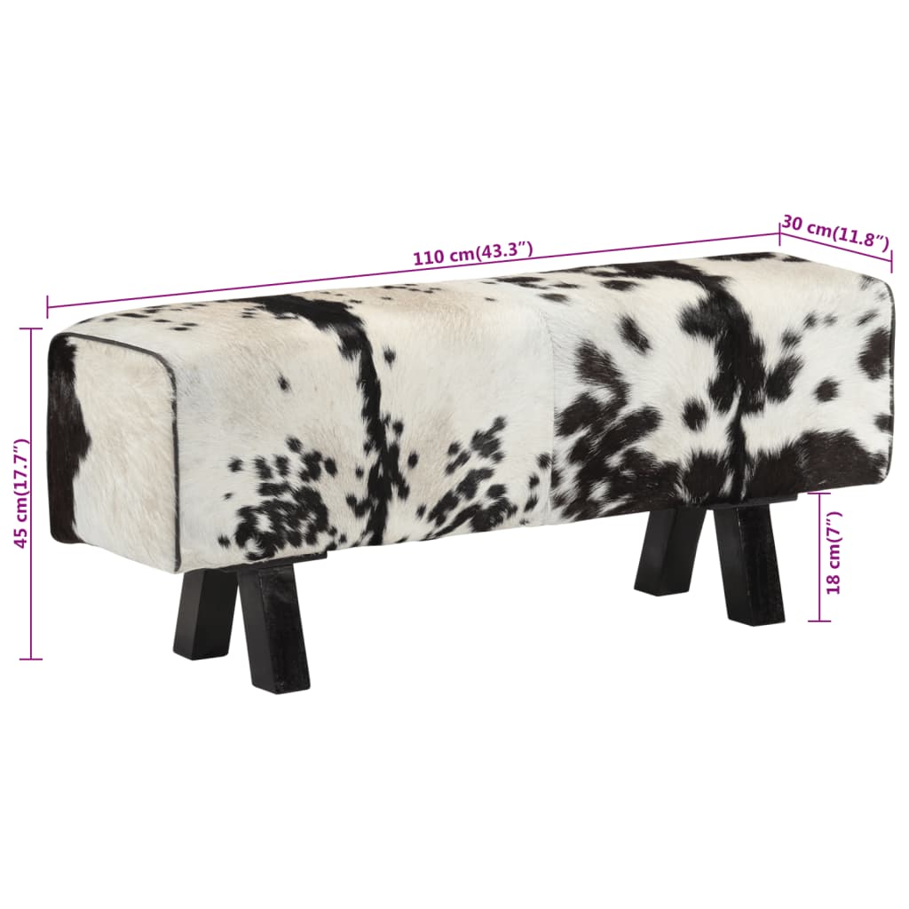 Bancă, alb-negru, 110x30x45 cm, piele naturală de capră