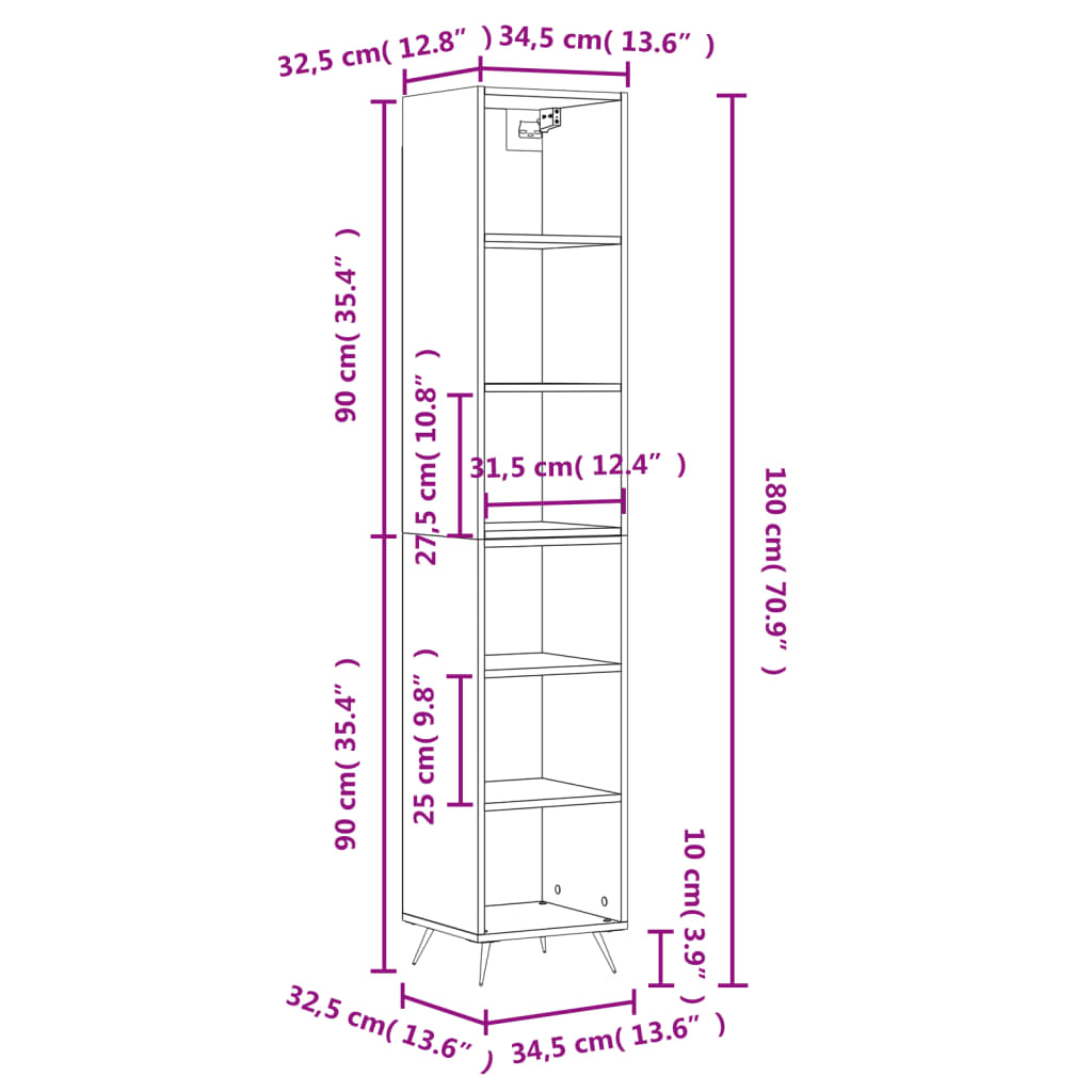 Dulap înalt, gri beton, 34,5x32,5x180 cm, lemn prelucrat