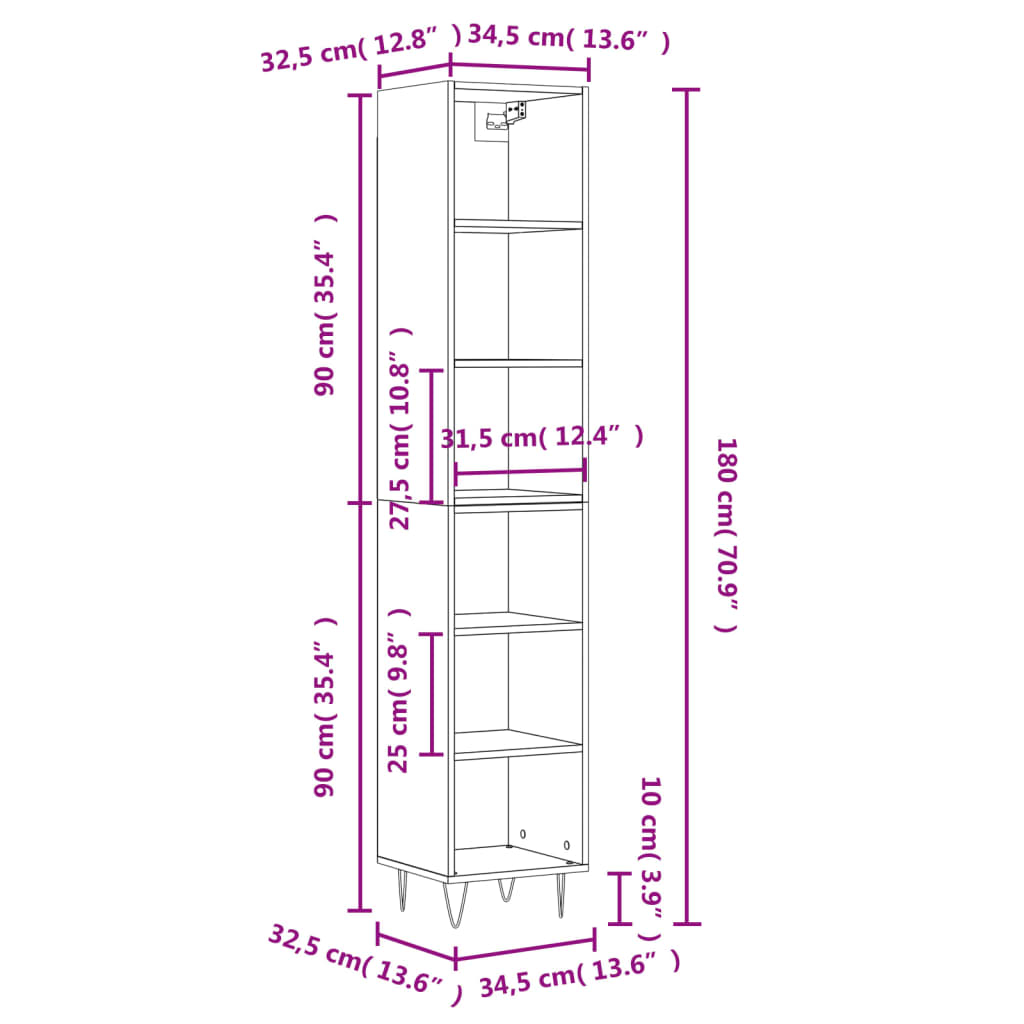 Dulap înalt, alb, 34,5x32,5x180 cm, lemn prelucrat