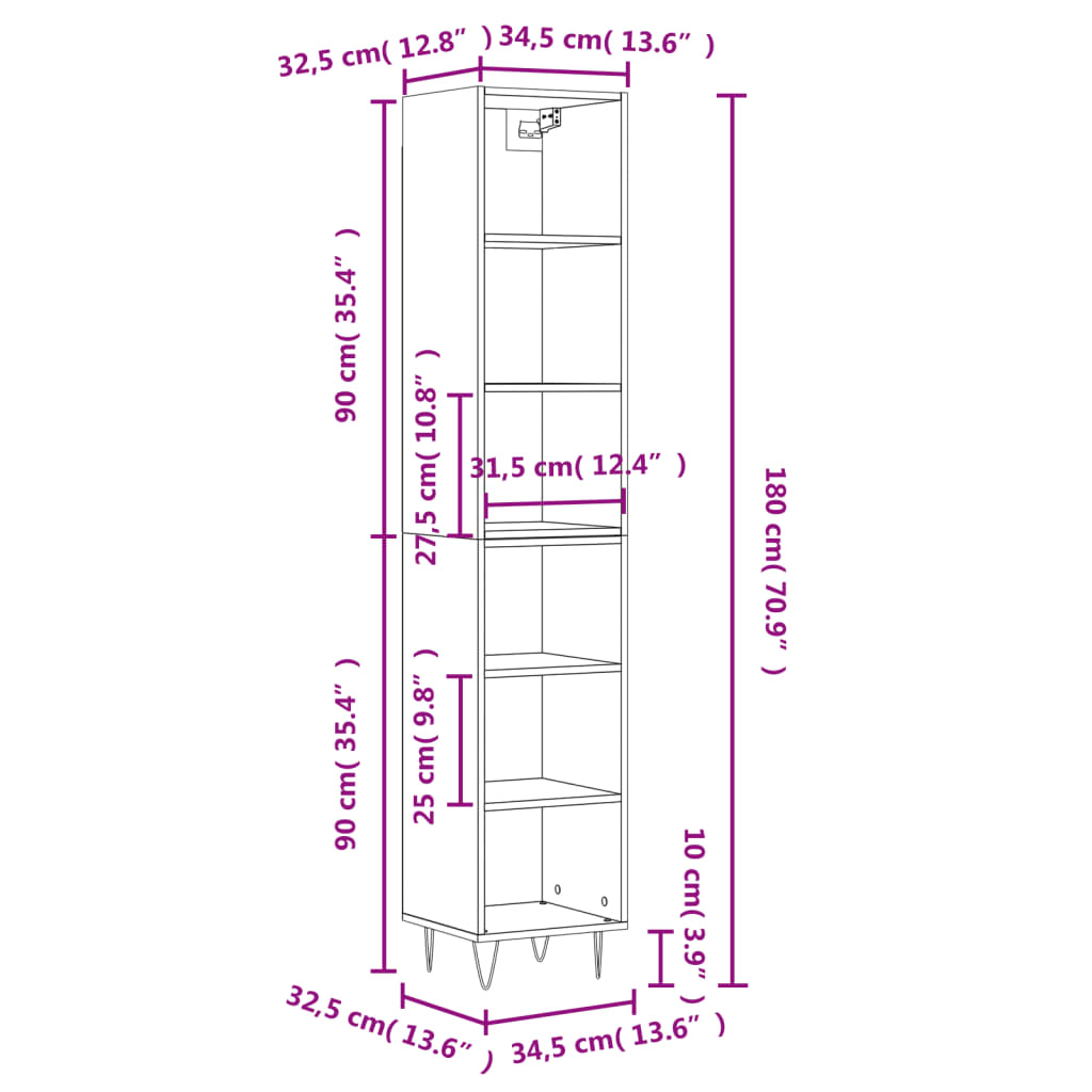 Dulap înalt, stejar sonoma, 34,5x32,5x180 cm, lemn prelucrat