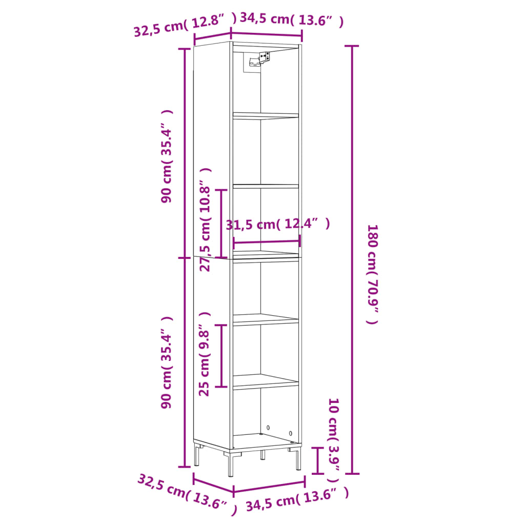 Dulap înalt, alb extralucios, 34,5x32,5x180 cm, lemn prelucrat