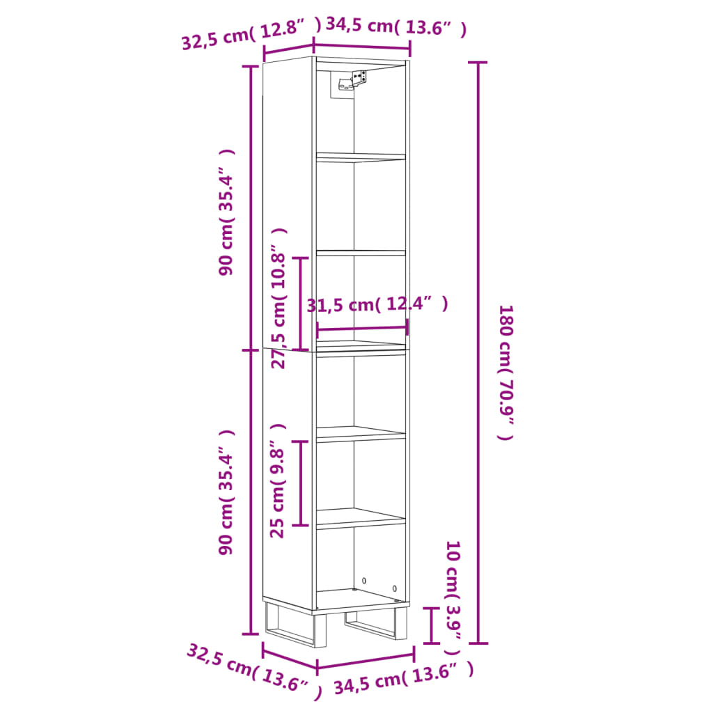 Dulap înalt, alb extralucios, 34,5x32,5x180 cm, lemn prelucrat