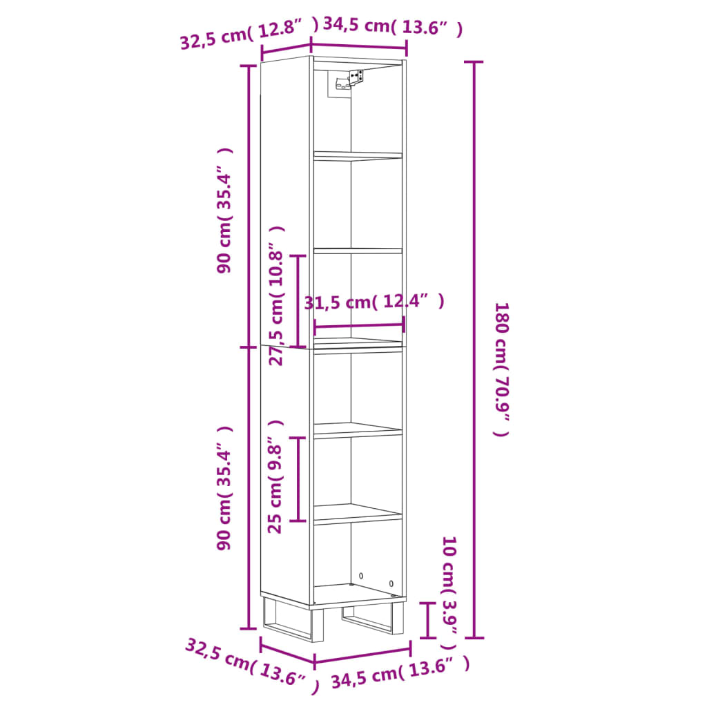 Dulap înalt, gri sonoma, 34,5x32,5x180 cm, lemn prelucrat