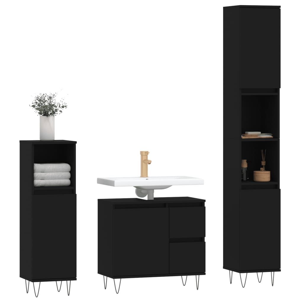 Set mobilier de baie, 3 piese, negru, lemn compozit