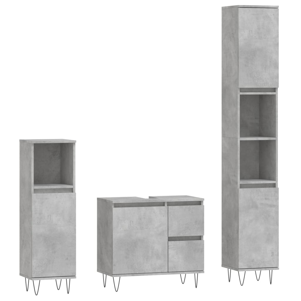 Set mobilier de baie, 3 piese, gri beton, lemn compozit