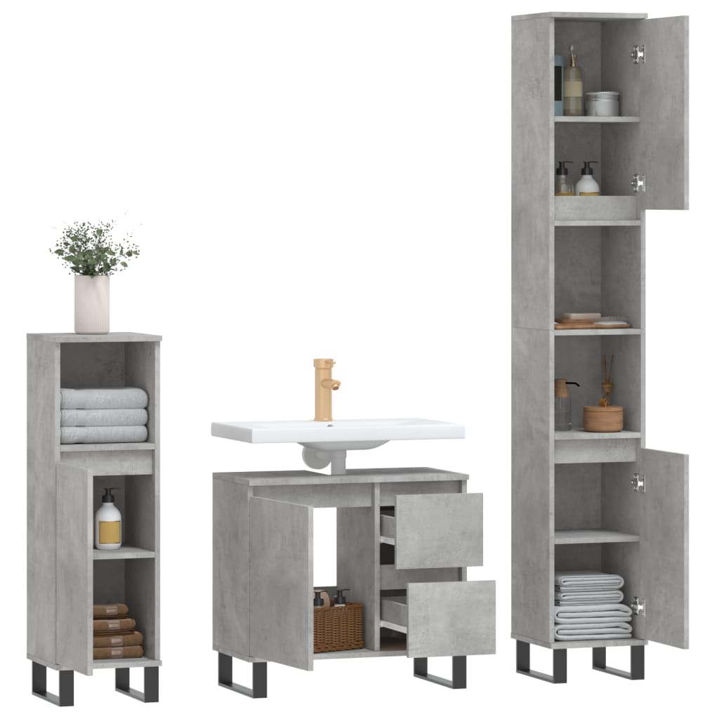 Set mobilier de baie, 3 piese, gri beton, lemn compozit