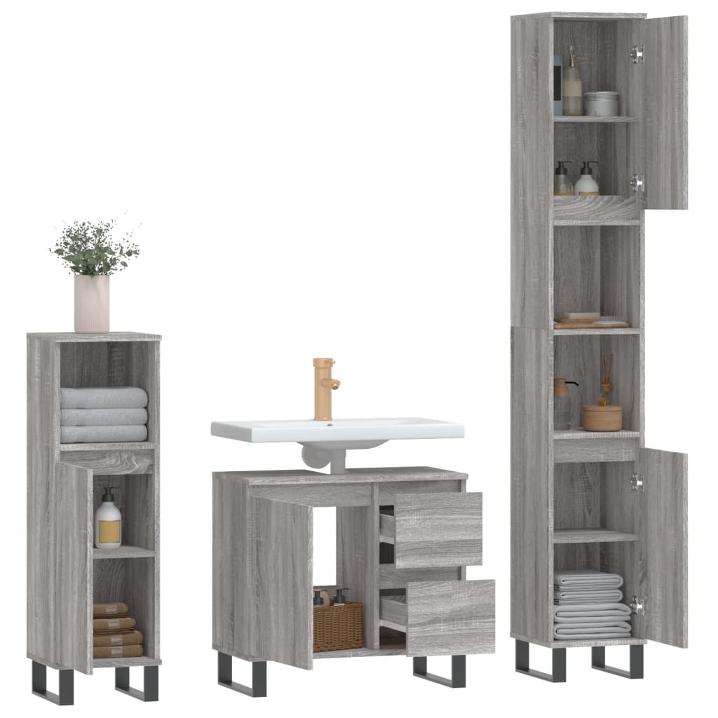 Set mobilier de baie, 3 piese, gri sonoma, lemn prelucrat