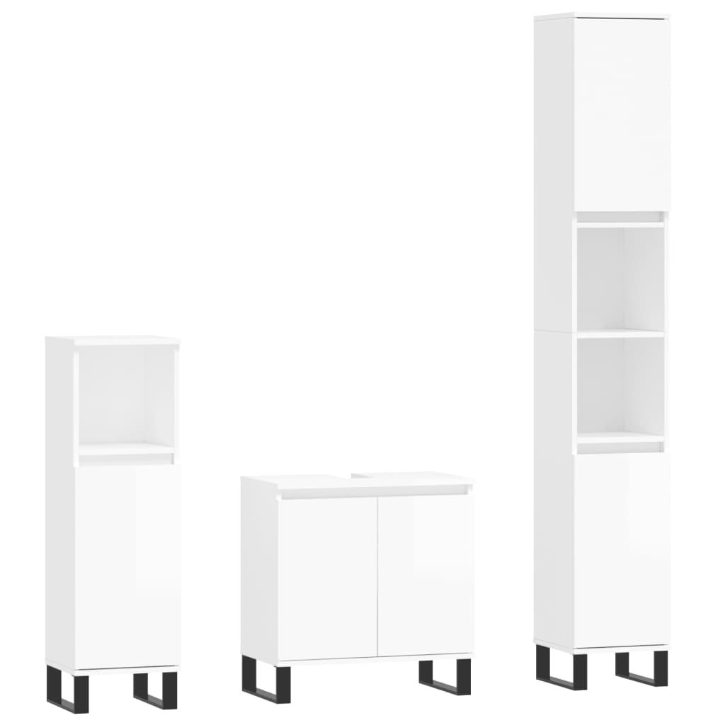 Set mobilier de baie, 3 piese, alb extralucios, lemn compozit