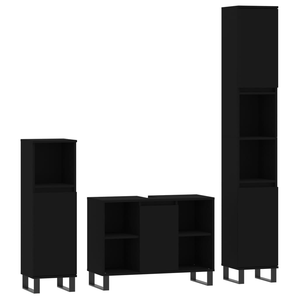 Set mobilier de baie, 3 piese, negru, lemn compozit