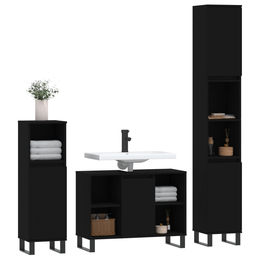 Set mobilier de baie, 3 piese, negru, lemn compozit