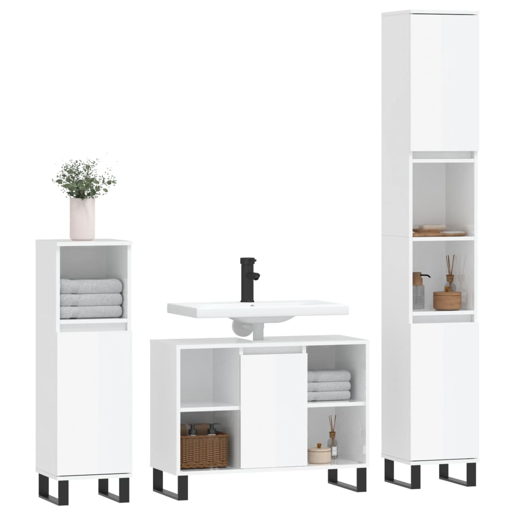 Set mobilier de baie, 3 piese, alb extralucios, lemn compozit