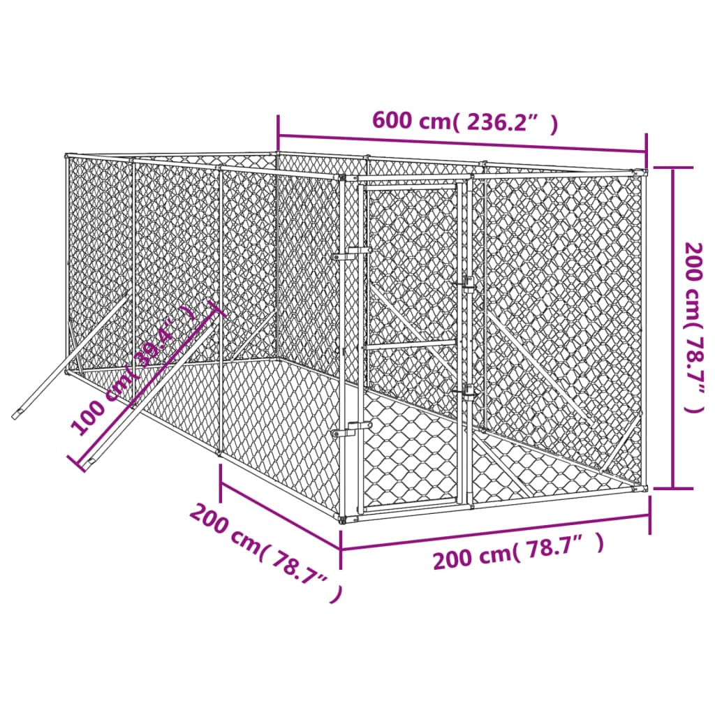 Padoc de exterior pentru câini argintiu 2x6x2 m oțel galvanizat