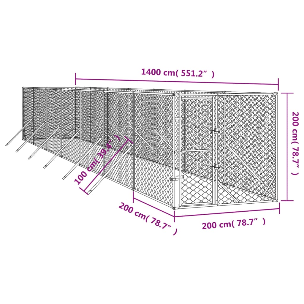 Padoc de exterior pentru câini argintiu 2x14x2m oțel galvanizat