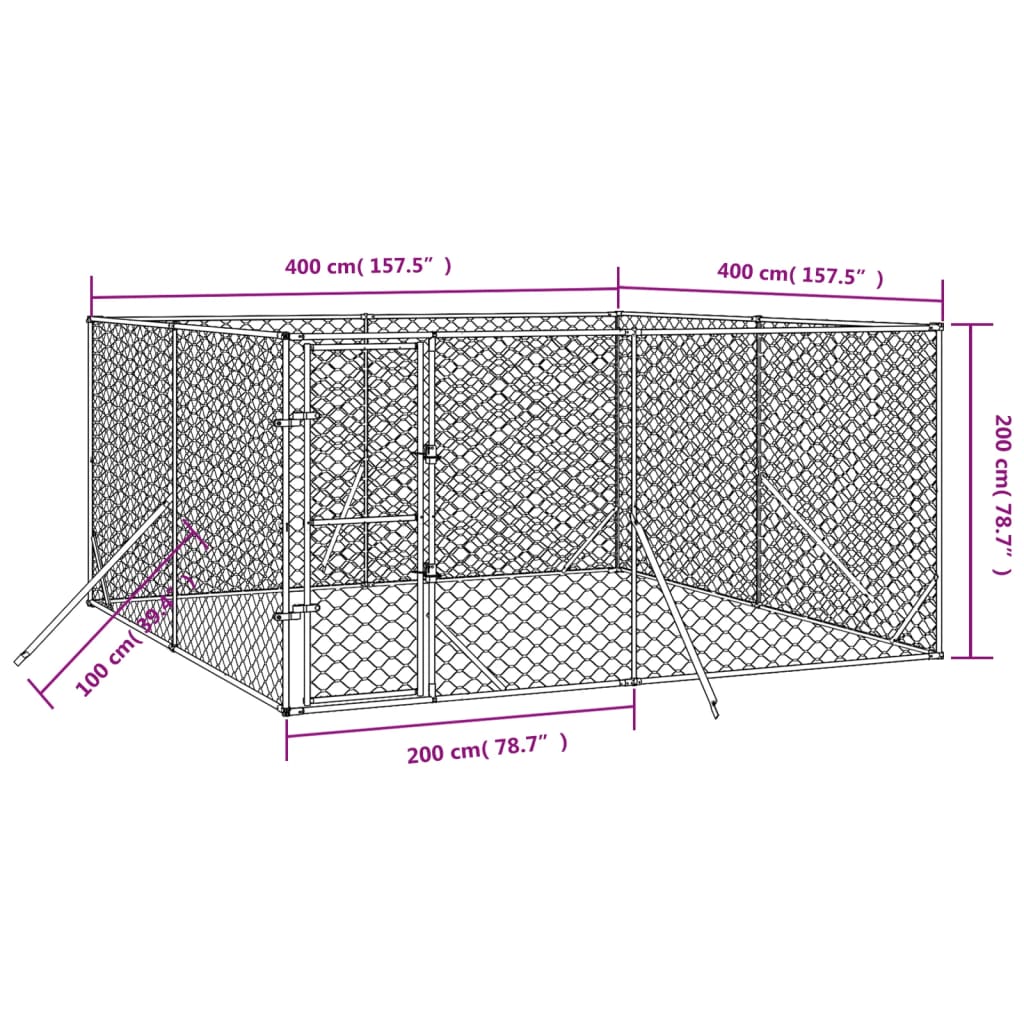 Padoc de exterior pentru câini argintiu 4x4x2 m oțel galvanizat