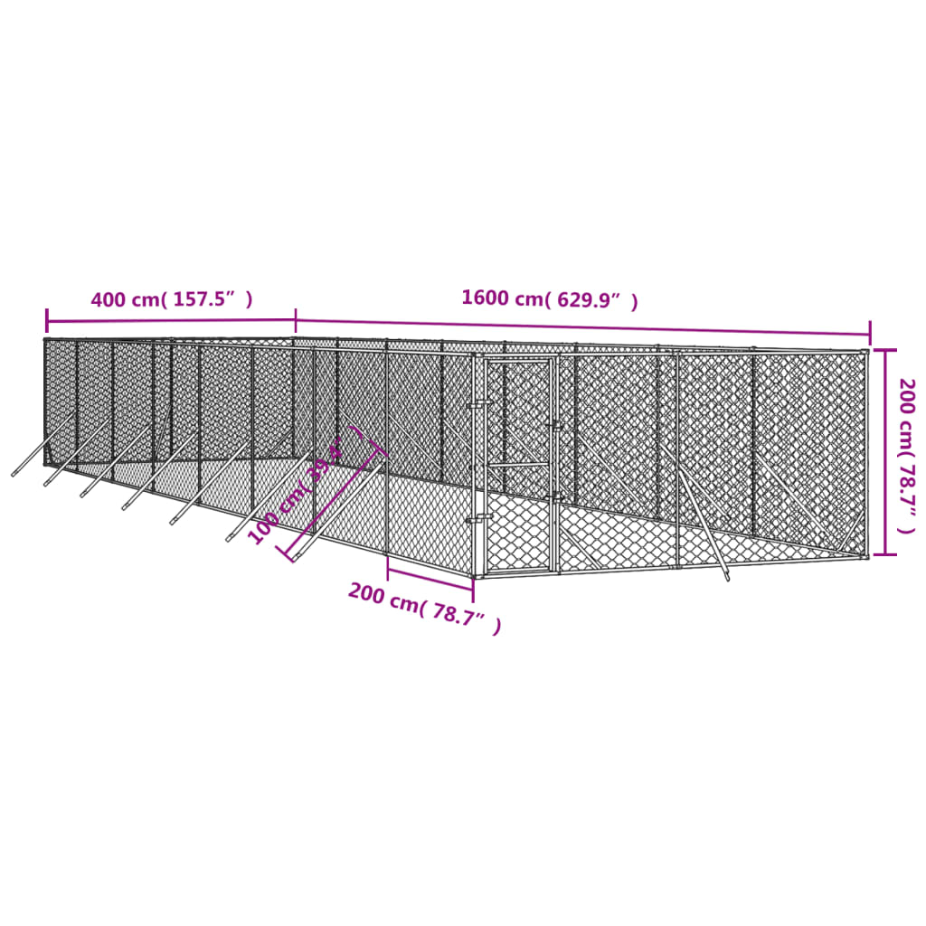 Padoc de exterior pentru câini argintiu 4x16x2m oțel galvanizat