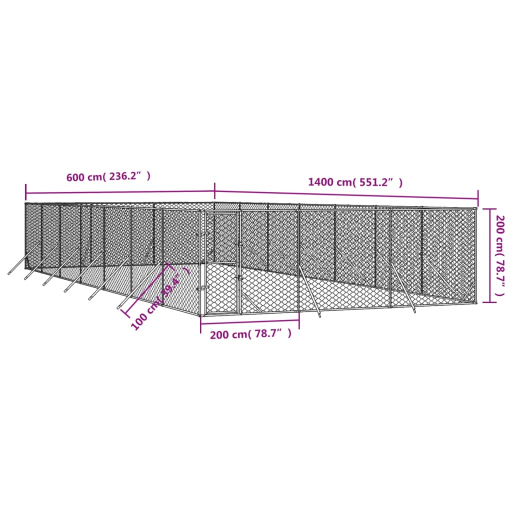 Padoc de exterior pentru câini argintiu 6x14x2m oțel galvanizat