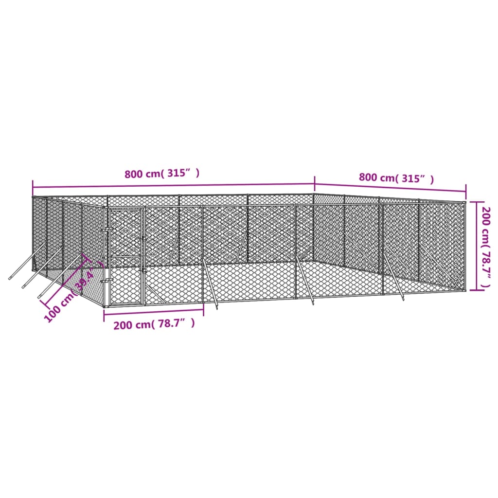 Padoc de exterior pentru câini argintiu 8x8x2 m oțel galvanizat