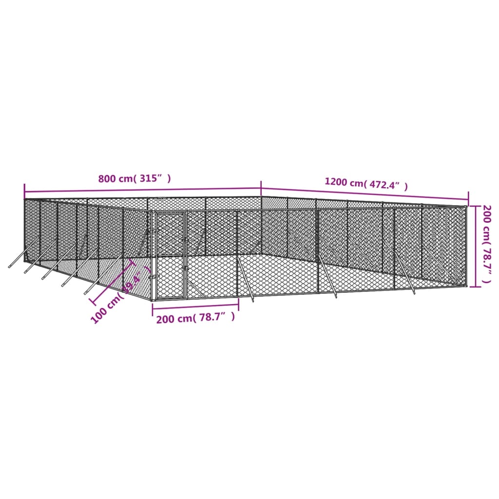 Padoc de exterior pentru câini argintiu 8x12x2m oțel galvanizat