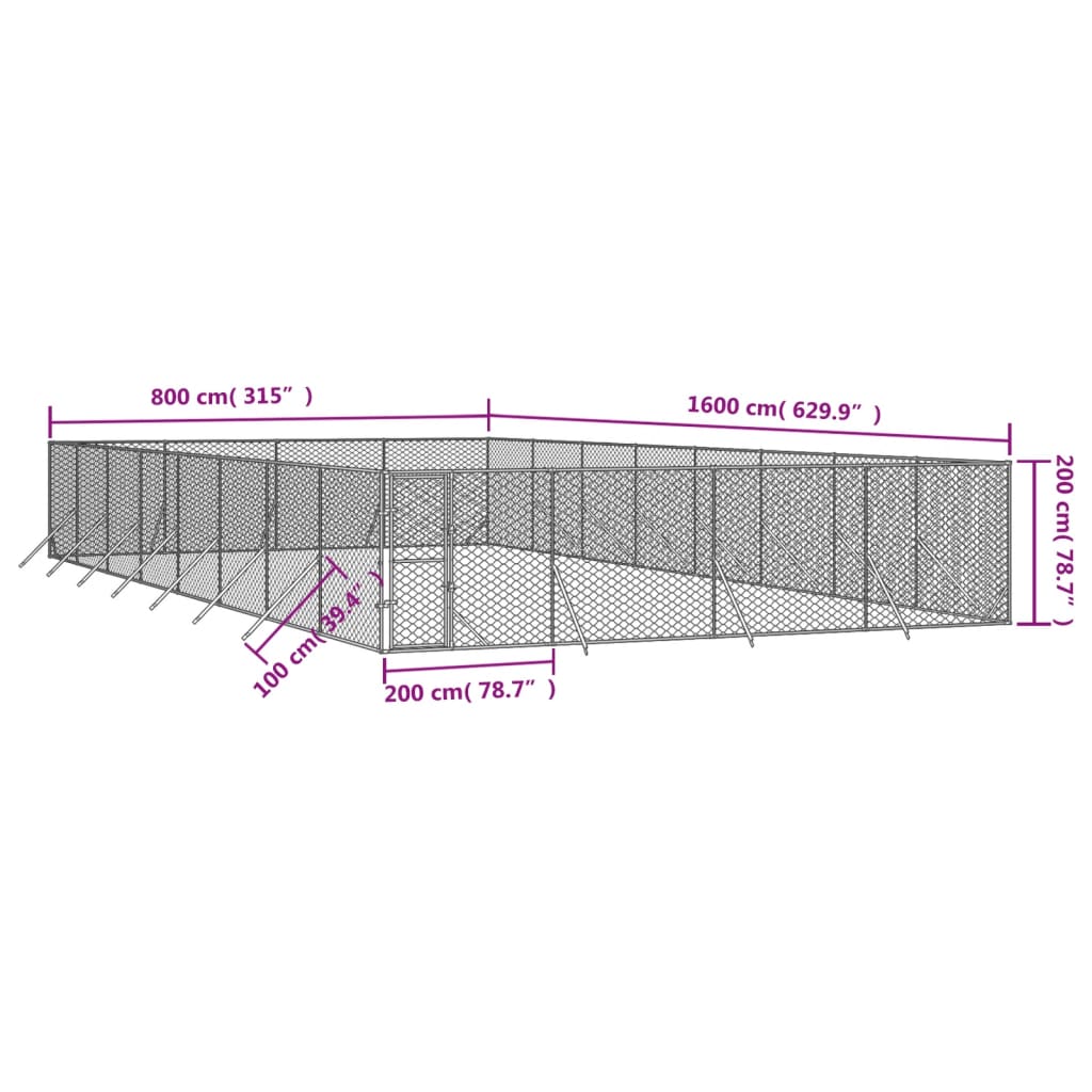 Padoc de exterior pentru câini argintiu 8x16x2m oțel galvanizat