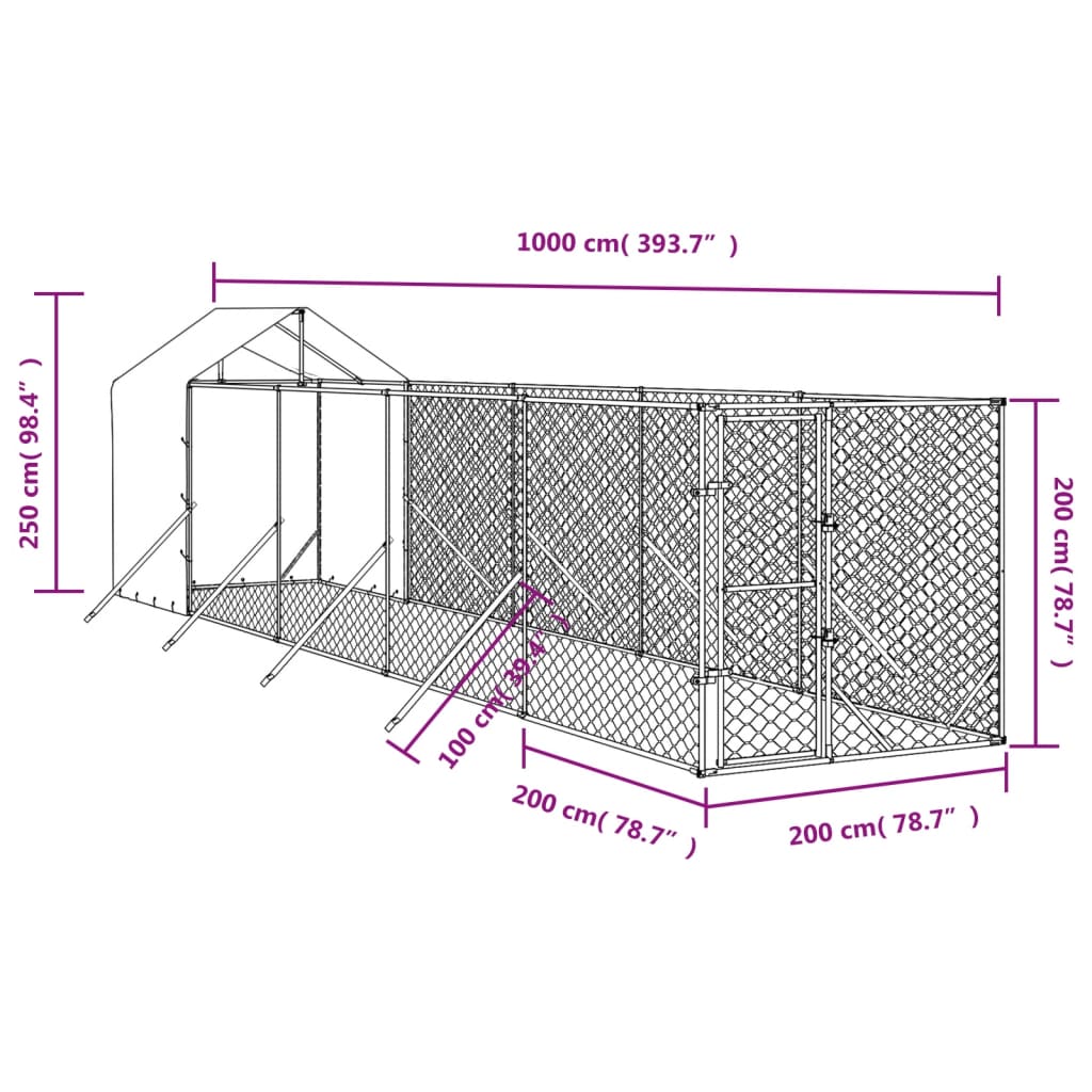 Padoc exterior cu acoperiș argintiu 2x10x2,5 m oțel galvanizat