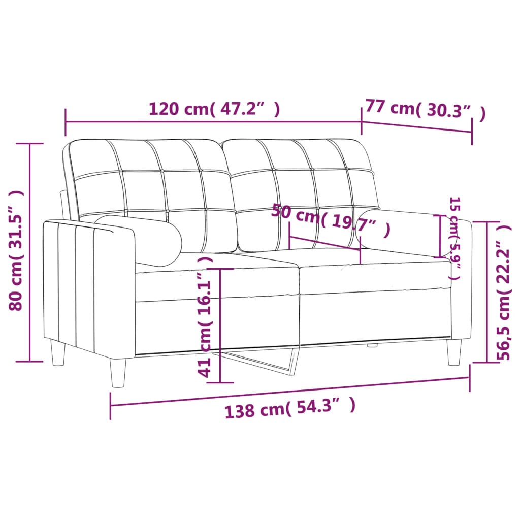 Canapea cu 2 locuri cu pernuțe, gri taupe, 120 cm, textil