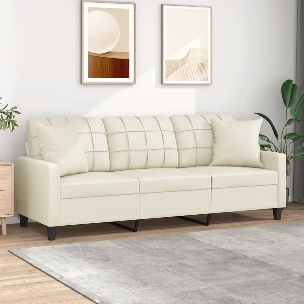 Canapea cu 3 locuri cu pernuțe, crem, 180 cm, piele ecologică