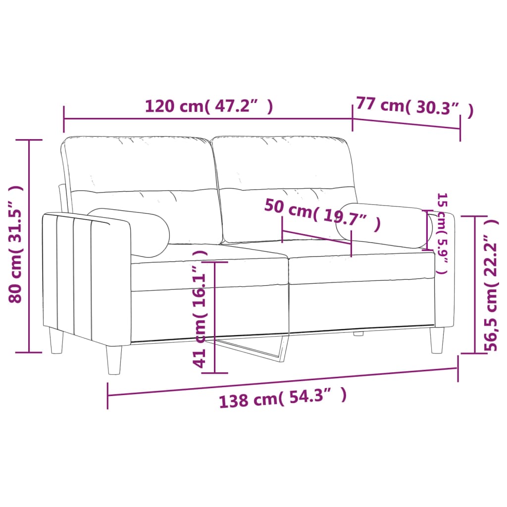 Canapea cu 2 locuri cu pernuțe, crem, 120 cm, textil