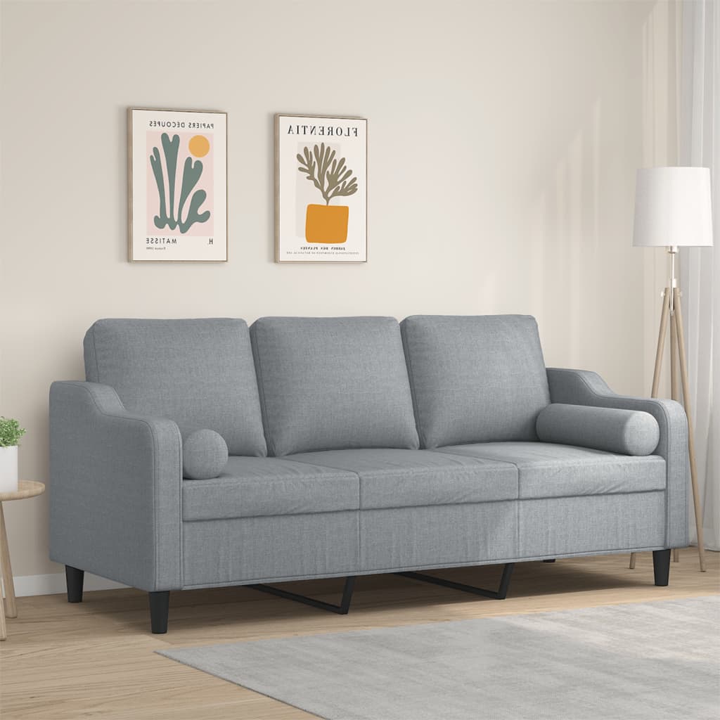 Canapea cu 3 locuri cu pernuțe, gri deschis, 180 cm, textil