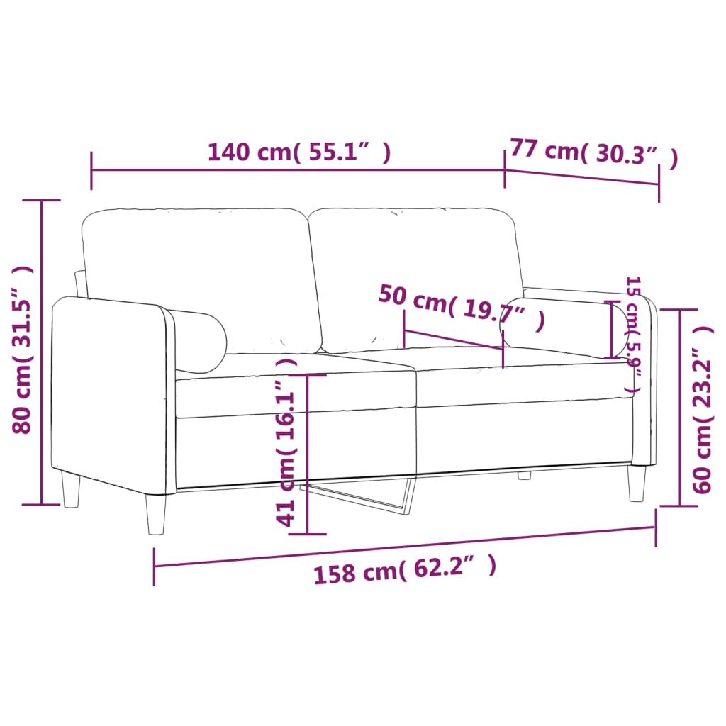 Canapea cu 2 locuri cu pernuțe, gri închis, 140 cm, catifea