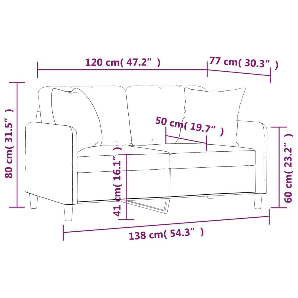 Canapea cu 2 locuri cu pernuțe, gri deschis, 120 cm, textil