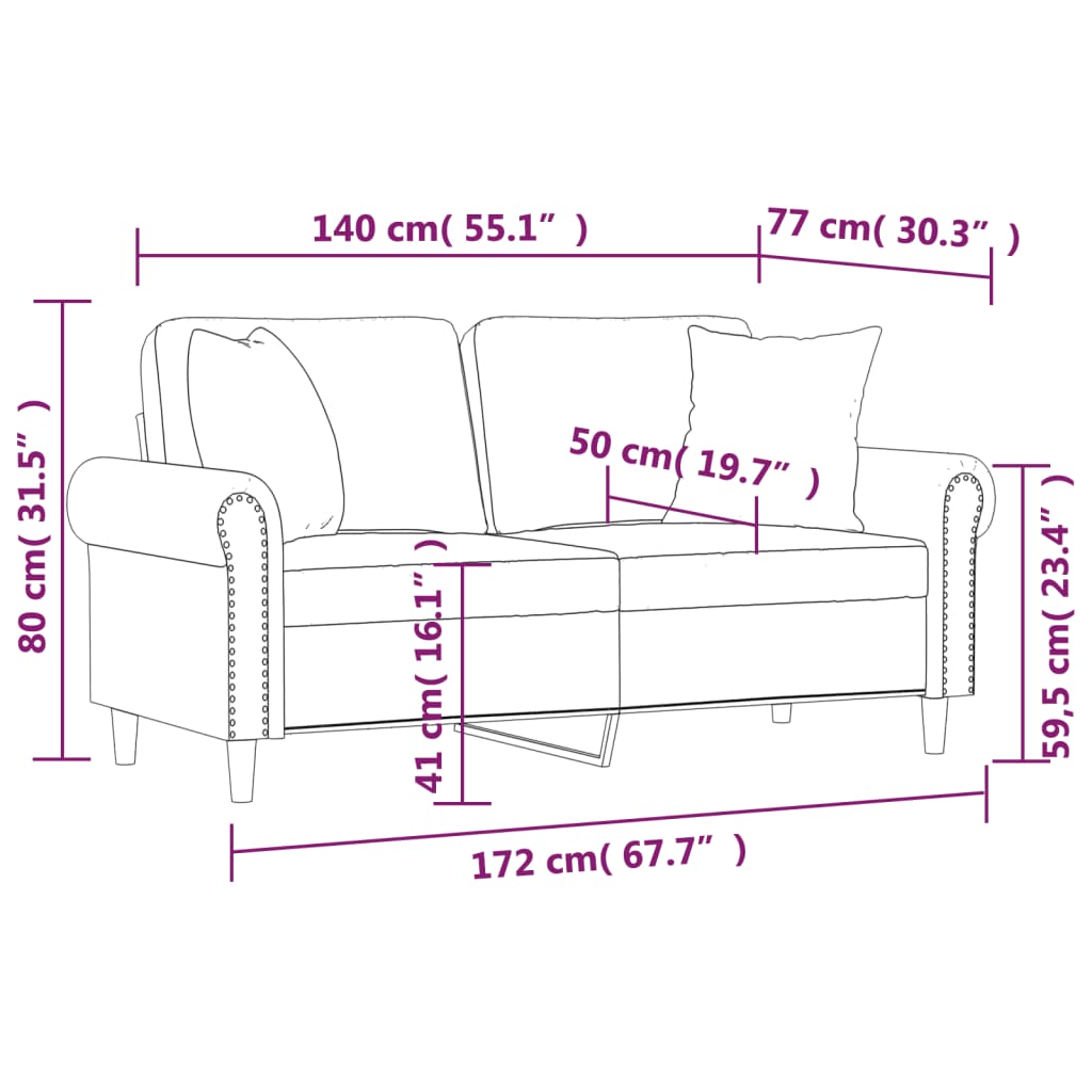 Canapea cu 2 locuri cu pernuțe, gri, 140 cm, piele ecologică