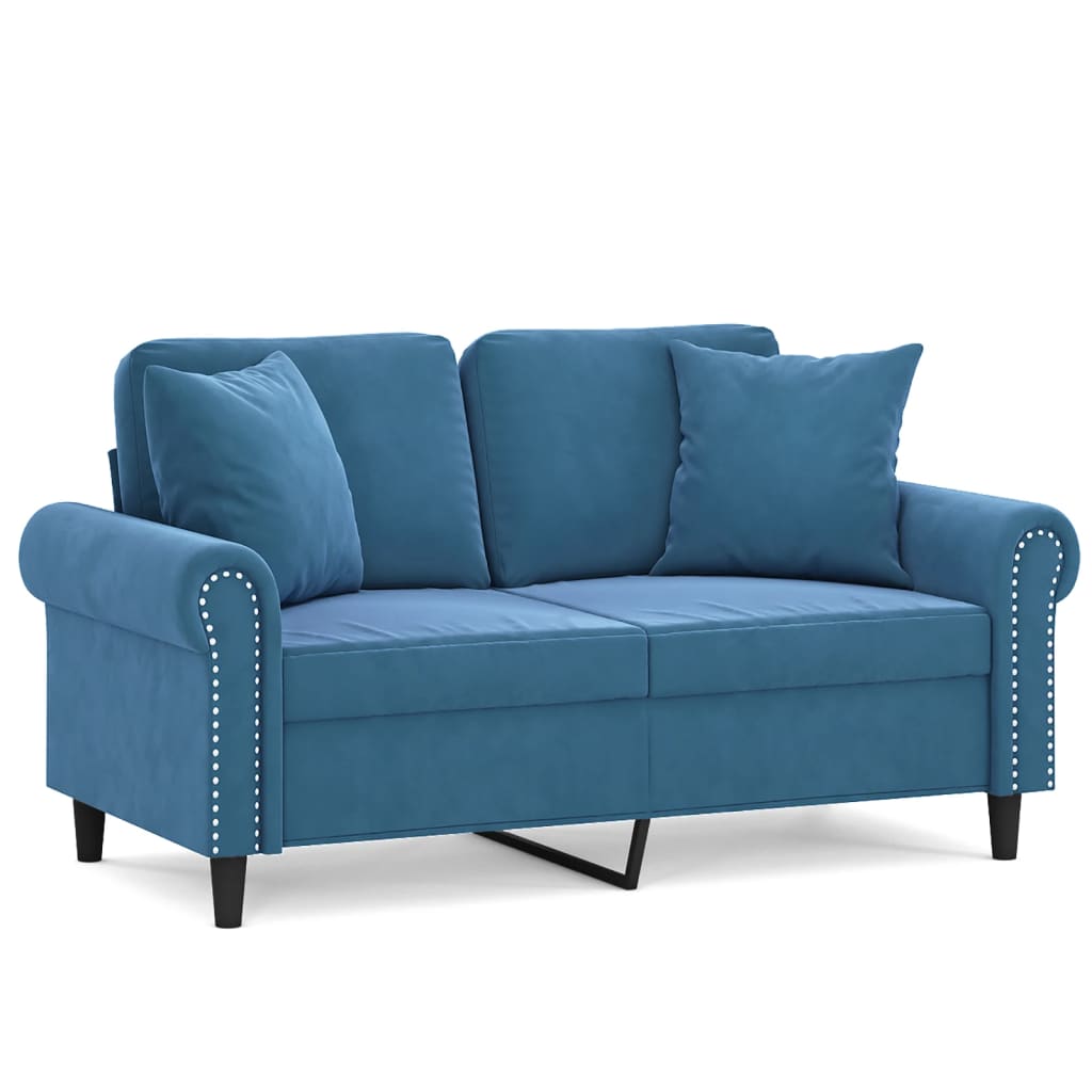 Canapea cu 2 locuri cu pernuțe, albastru, 120 cm, catifea