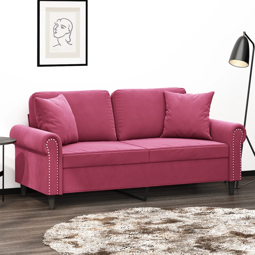 Canapea cu 2 locuri cu pernuțe, roșu vin, 140 cm, catifea