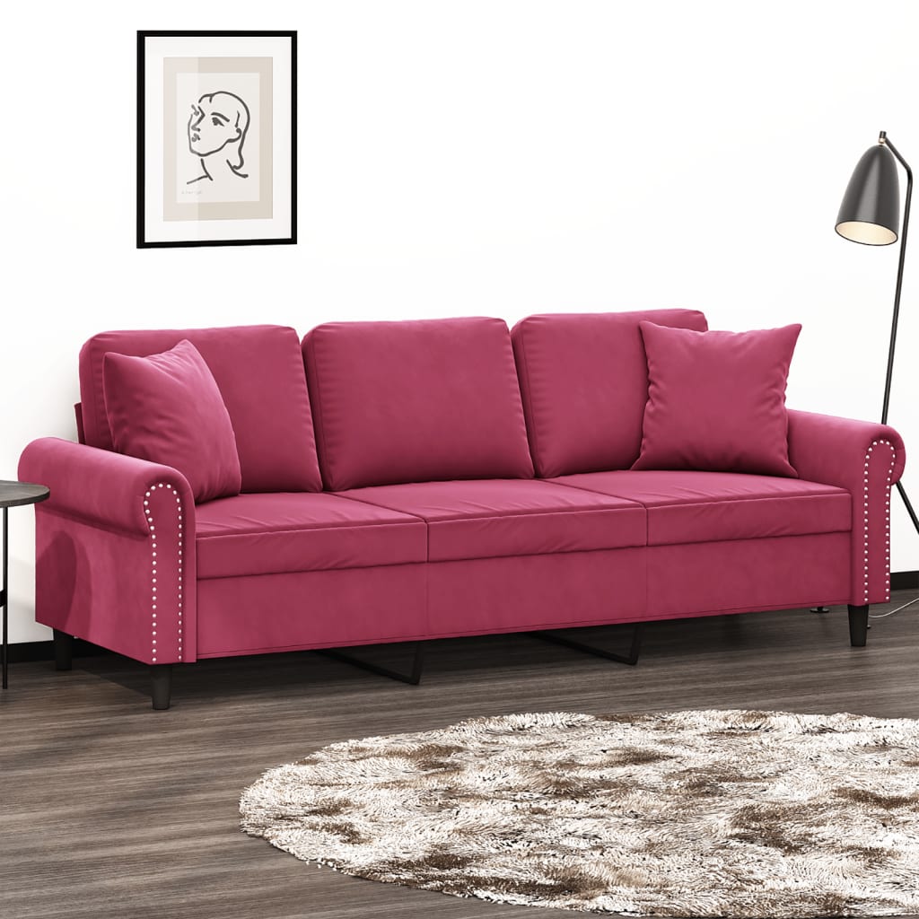 Canapea cu 3 locuri cu pernuțe, roșu vin, 180 cm, catifea