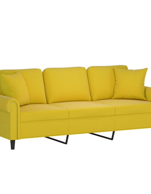 Încărcați imaginea în vizualizatorul Galerie, Canapea cu 3 locuri cu pernuțe, galben, 180 cm, catifea
