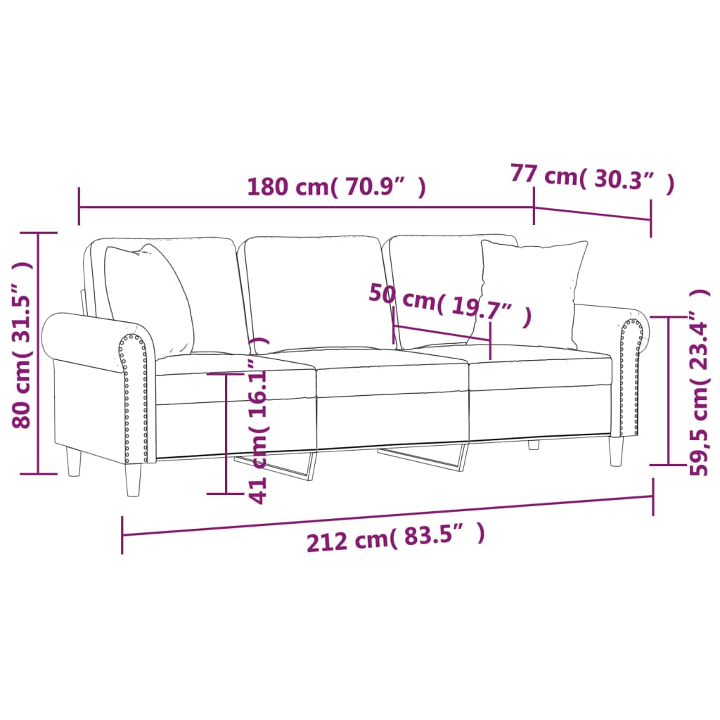 Canapea cu 3 locuri cu pernuțe, crem, 180 cm, catifea