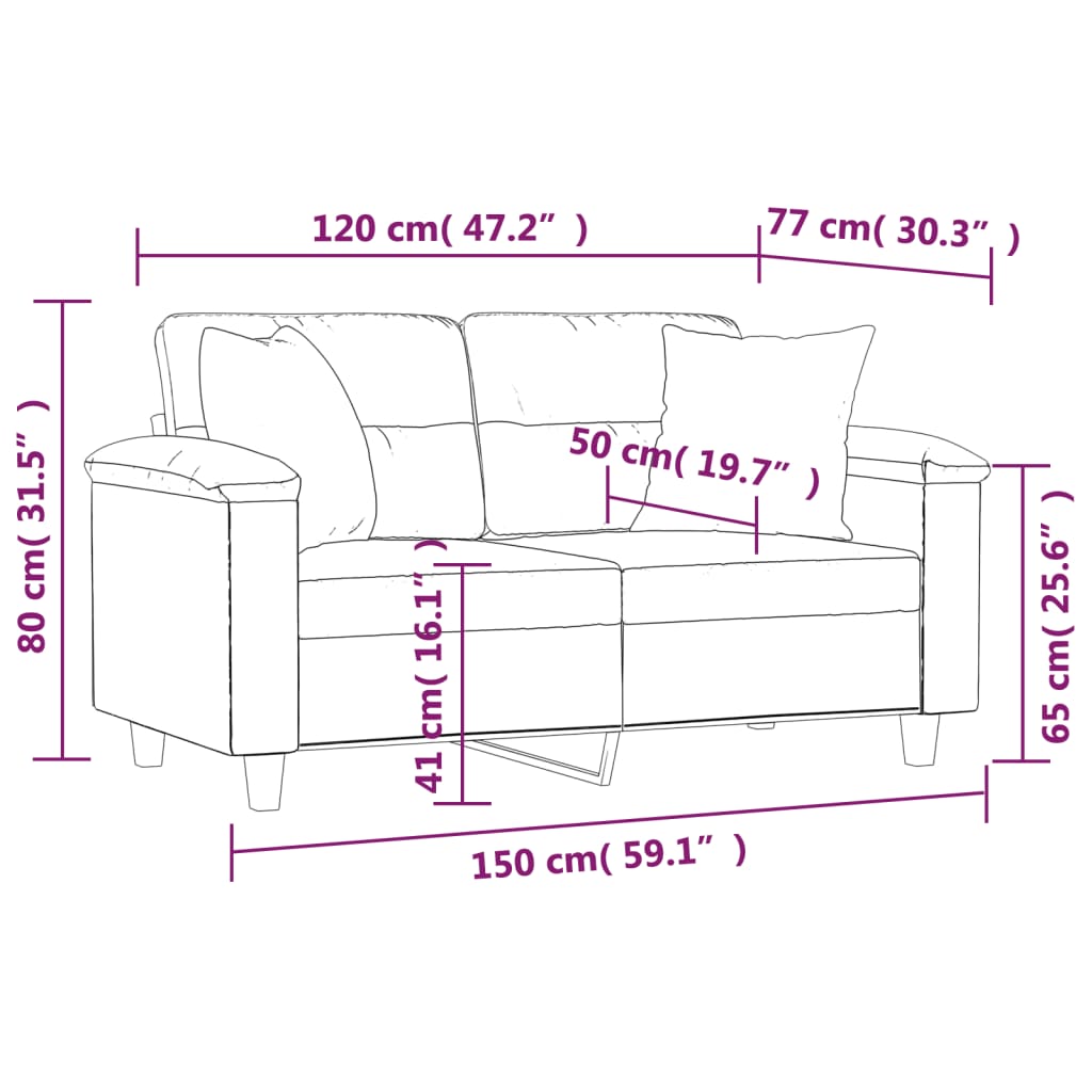 Canapea cu 2 locuri, cu perne, crem, 120 cm, microfibră