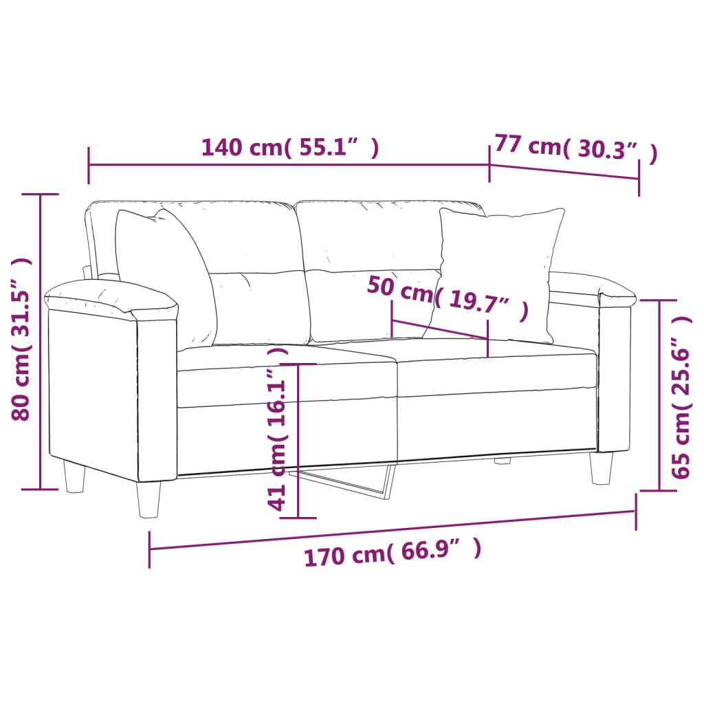Canapea cu 2 locuri, cu perne, crem, 140 cm, microfibră