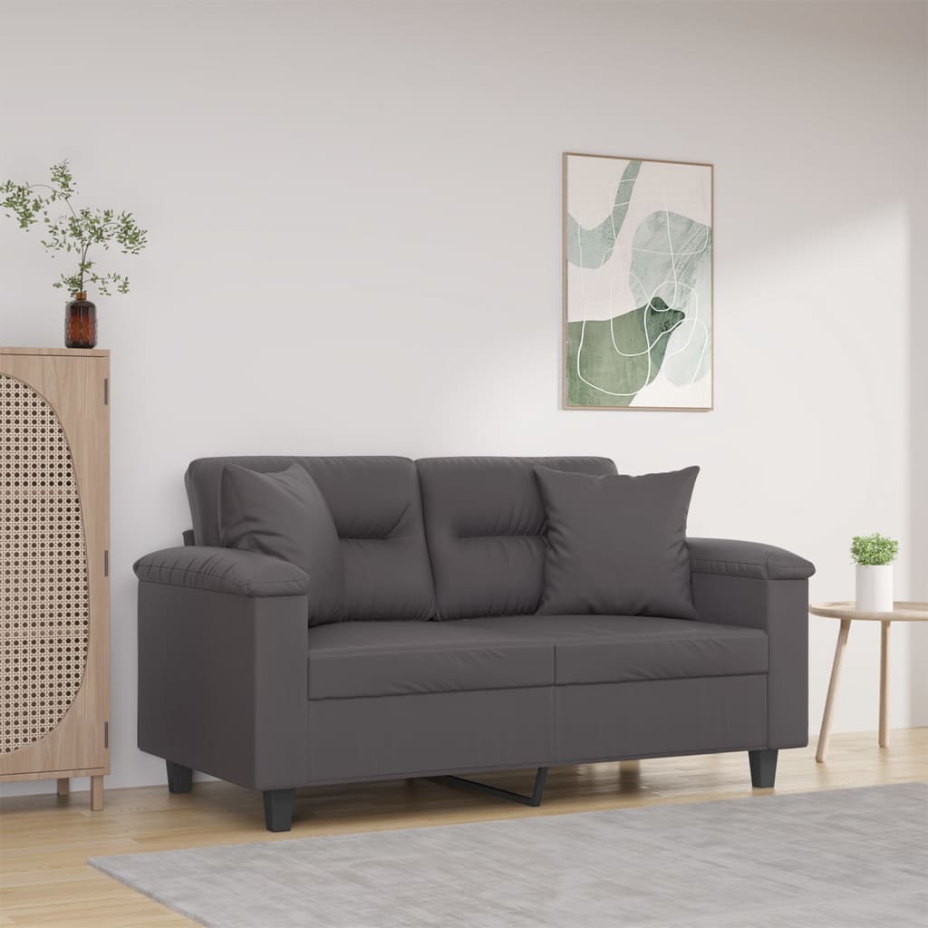 Canapea cu 2 locuri cu pernuțe, gri, 120 cm, piele ecologică