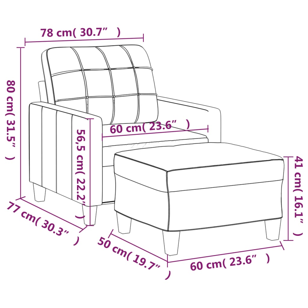 Fotoliu canapea cu taburet, gri, 60 cm, piele ecologică