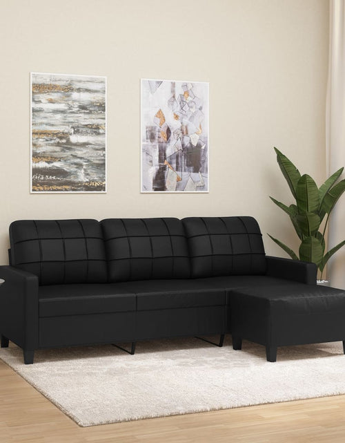 Încărcați imaginea în vizualizatorul Galerie, Canapea cu 3 locuri și taburet, negru, 180 cm, piele ecologică
