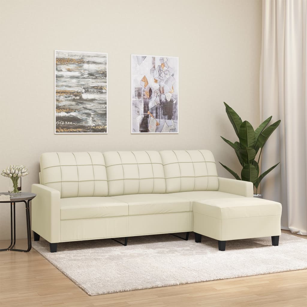 Canapea cu 3 locuri și taburet, crem, 180 cm, piele ecologică
