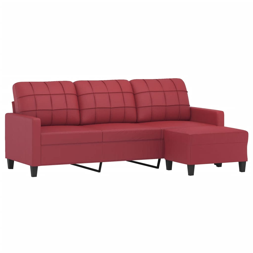 Canapea cu 3 locuri și taburet, roșu vin 180 cm piele ecologică