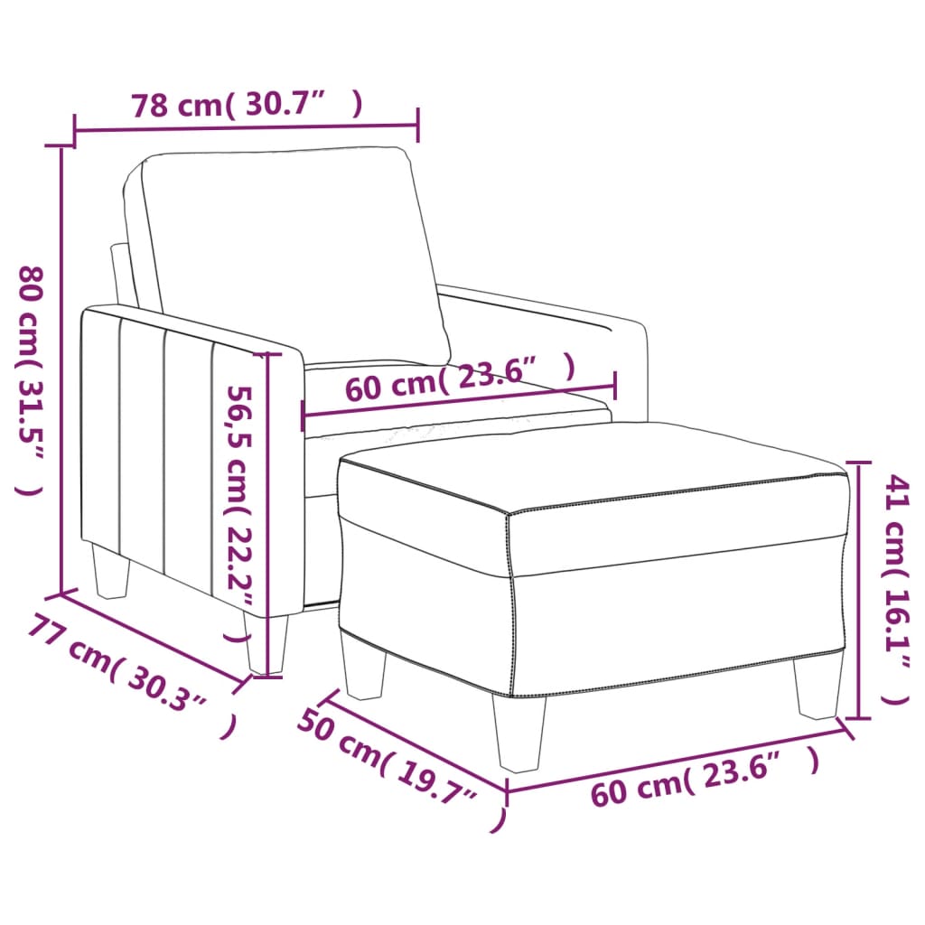 Fotoliu canapea cu taburet, crem, 60 cm, piele ecologică