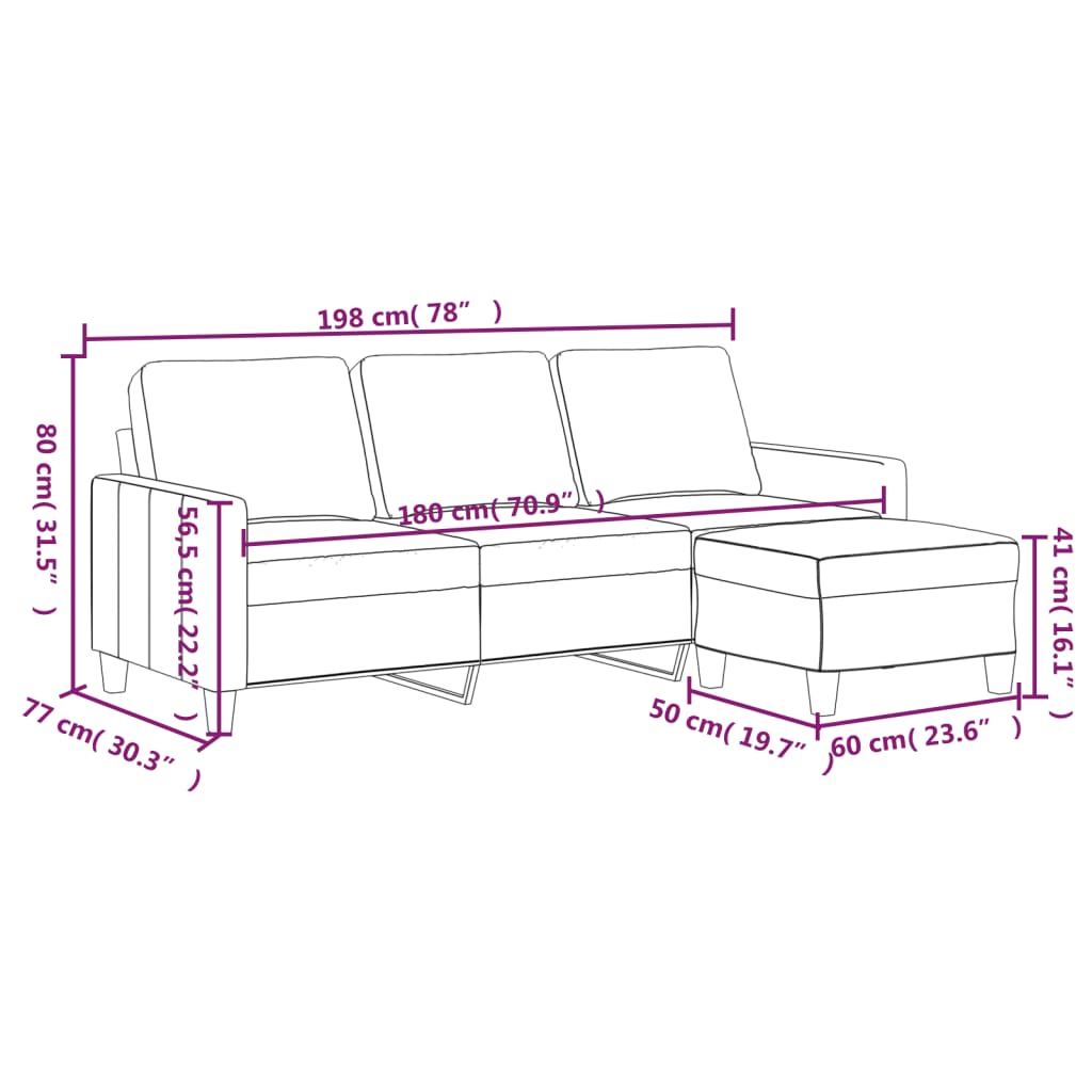 Canapea cu 3 locuri și taburet, crem, 180 cm, piele ecologică